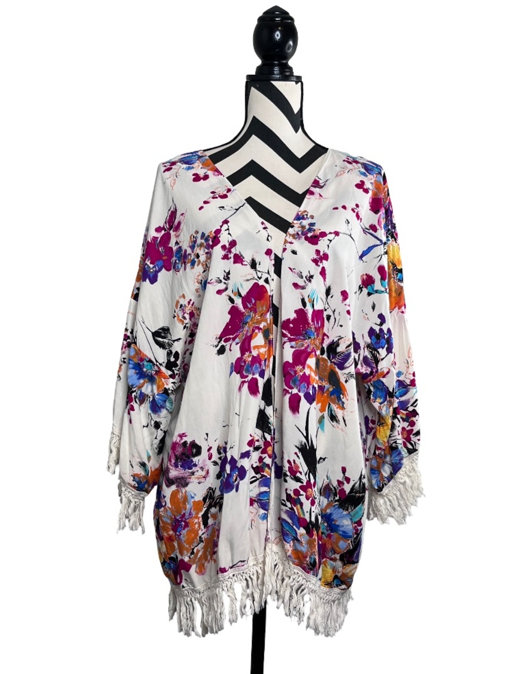 Umgee Floral Fringe Hem Open Front Kimono Cardigan Sz 1X